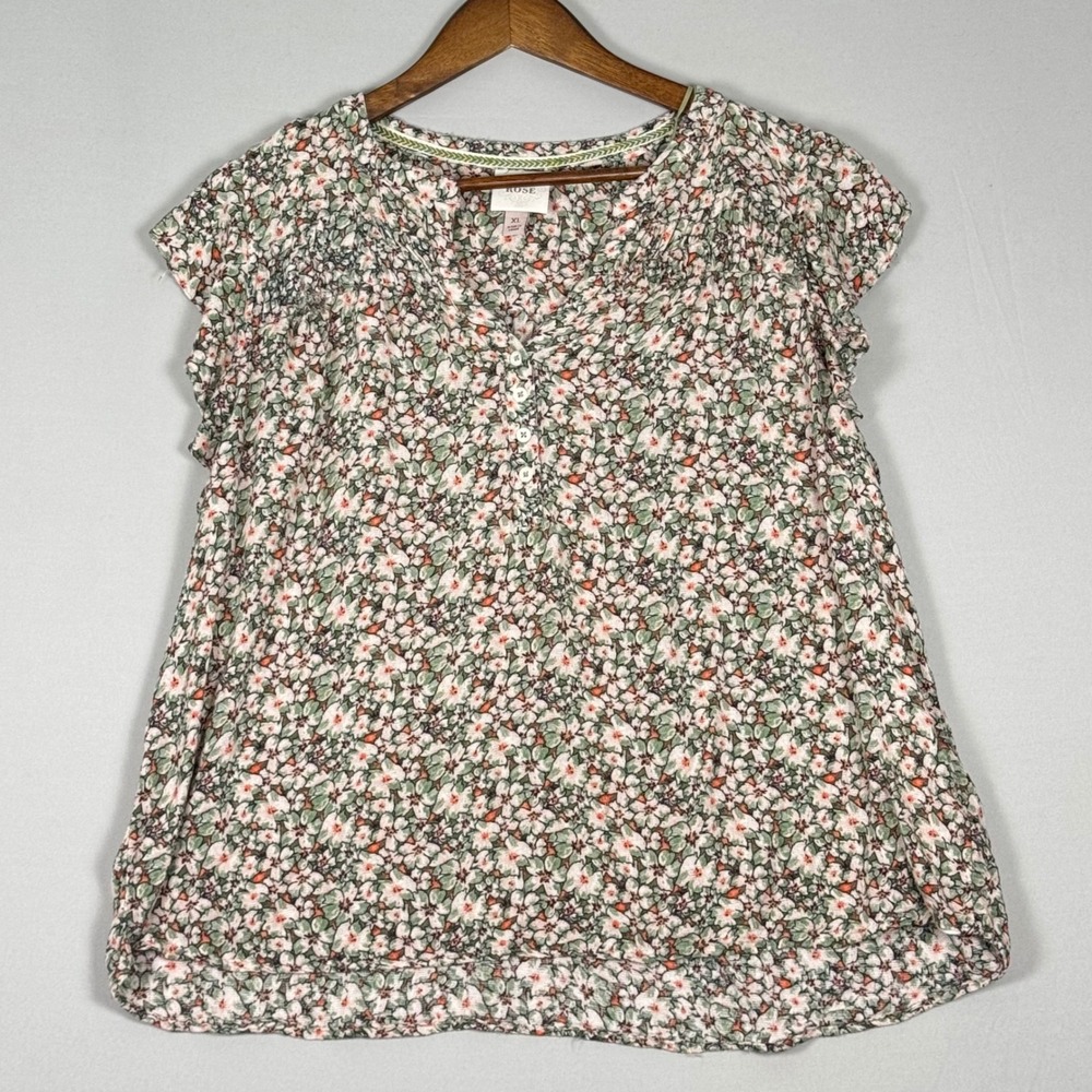 Knox Rose Floral Blouse Womens XL Green Pink NWOT Rayon Short Sleeve Top